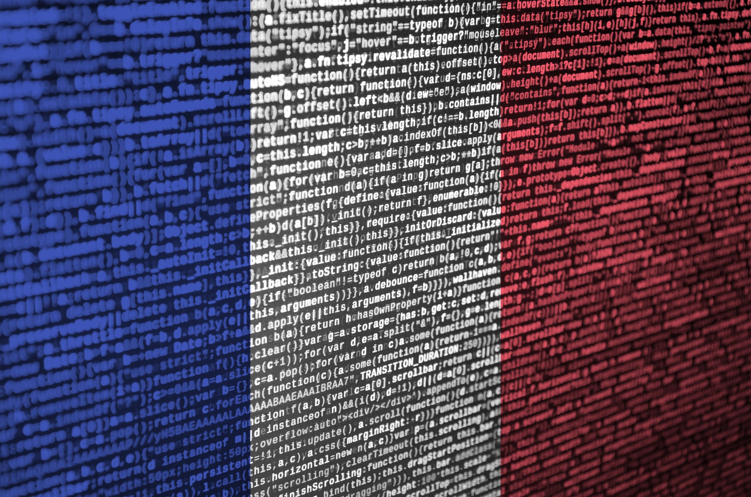 france flag is depicted on the screen with the program code. the concept of modern technology and site development