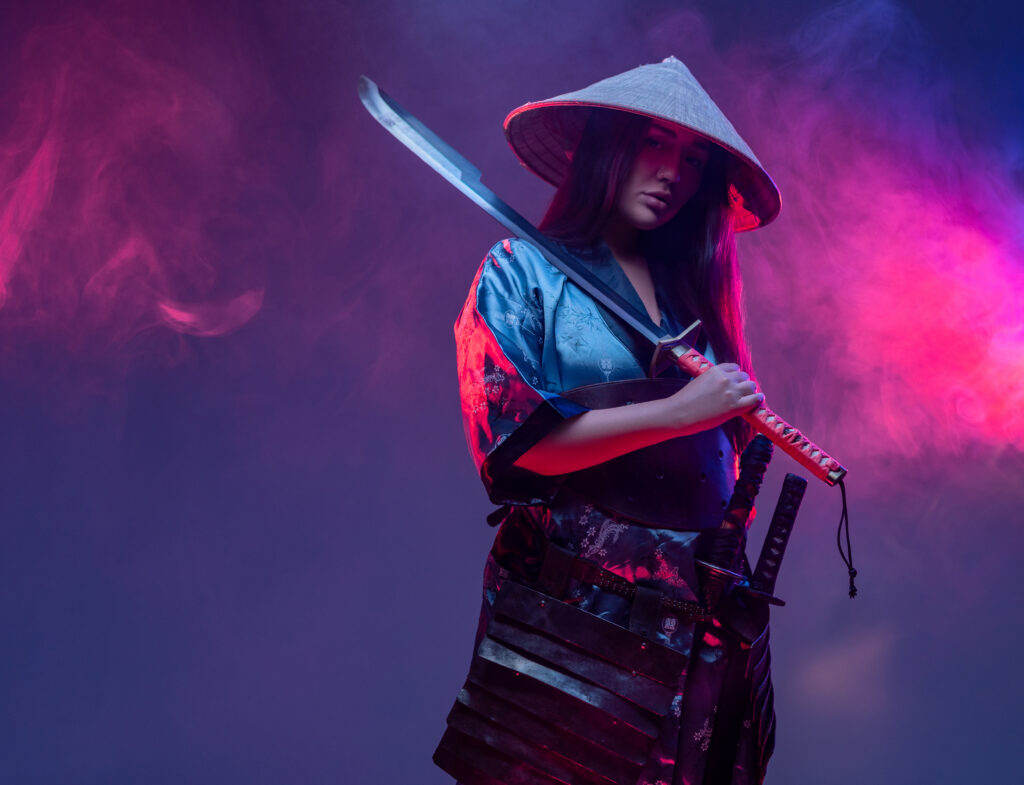 futuristic female samurai with sword inside studio