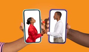 couple sharing love via smartphone in a vibrant setting