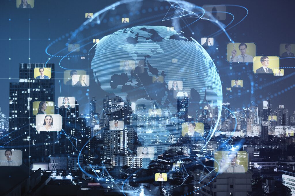 creative glowing blue globe hologram with faces on 2025 10 15 02 59 43 utc