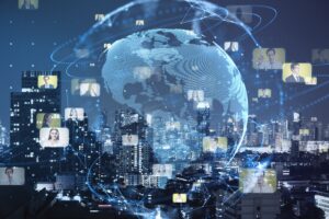 creative glowing blue globe hologram with faces on 2025 10 15 02 59 43 utc