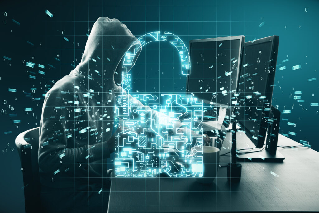 hacker using computer with glowing digital padlock 2025 10 15 05 58 36 utc