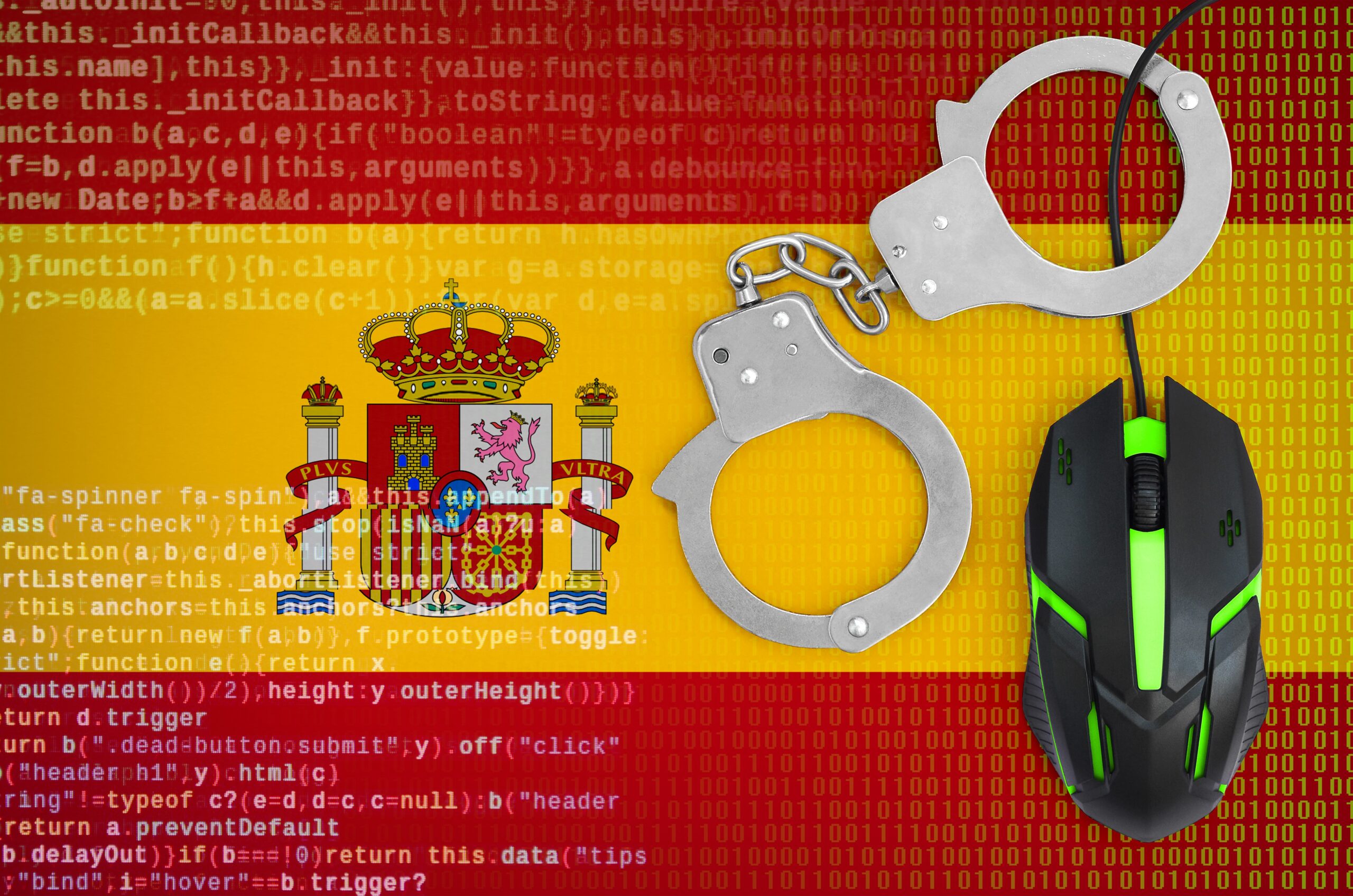 spain flag and handcuffed computer mouse. combating computer crime, hackers and piracy