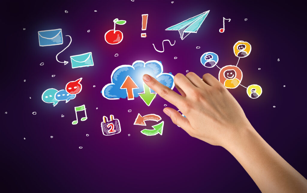 female hand toucing mixed media icons with purple 2026 01 09 14 52 03 utc