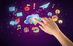 female hand toucing mixed media icons with purple 2026 01 09 14 52 03 utc