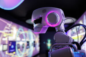 advanced humanoid robot displayed in technology expo showcasing innovative design