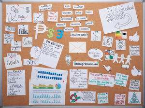 top view of office planning board with cards and notes