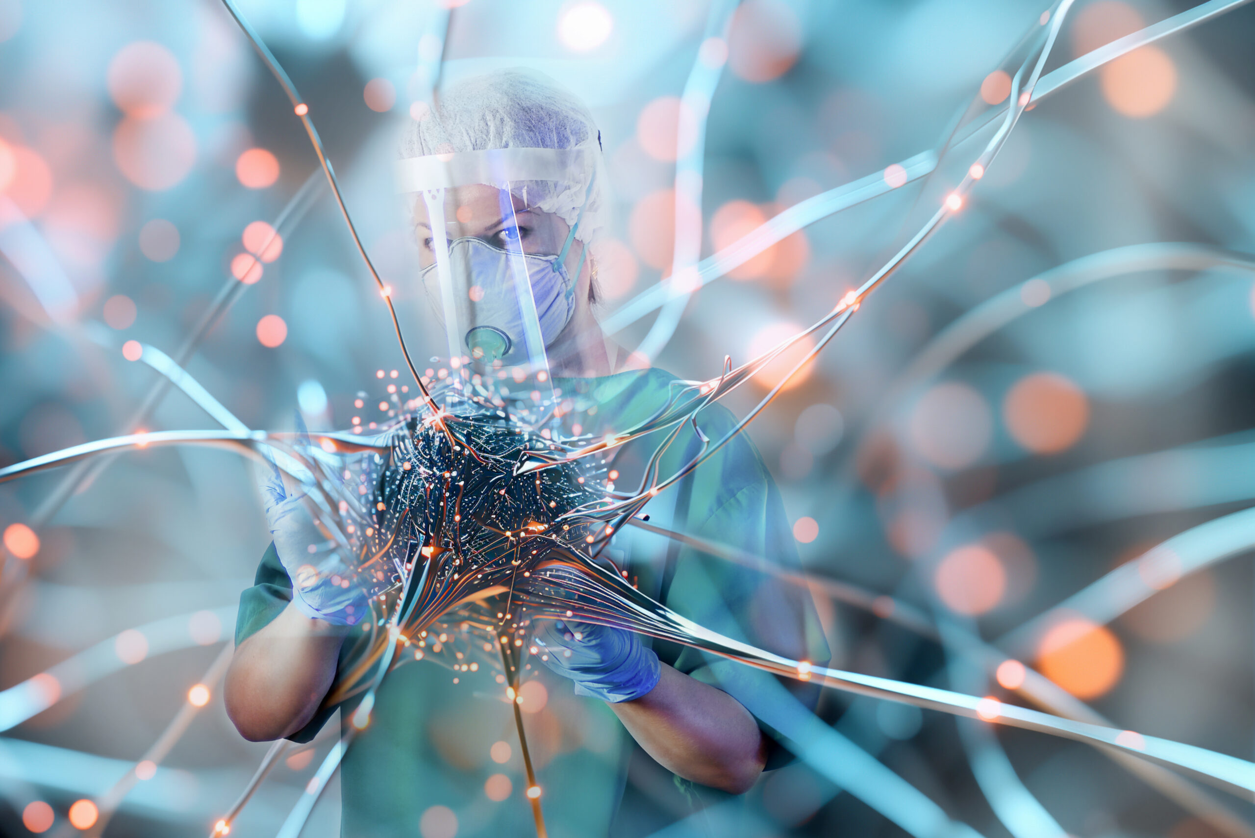 doctor laboratory scientist in a surgical suit looks seriously, studying the virtual structure of the new virus. the concept of scientific developments in future medicine, the creation of a vaccine against new viruses and diseases using ai