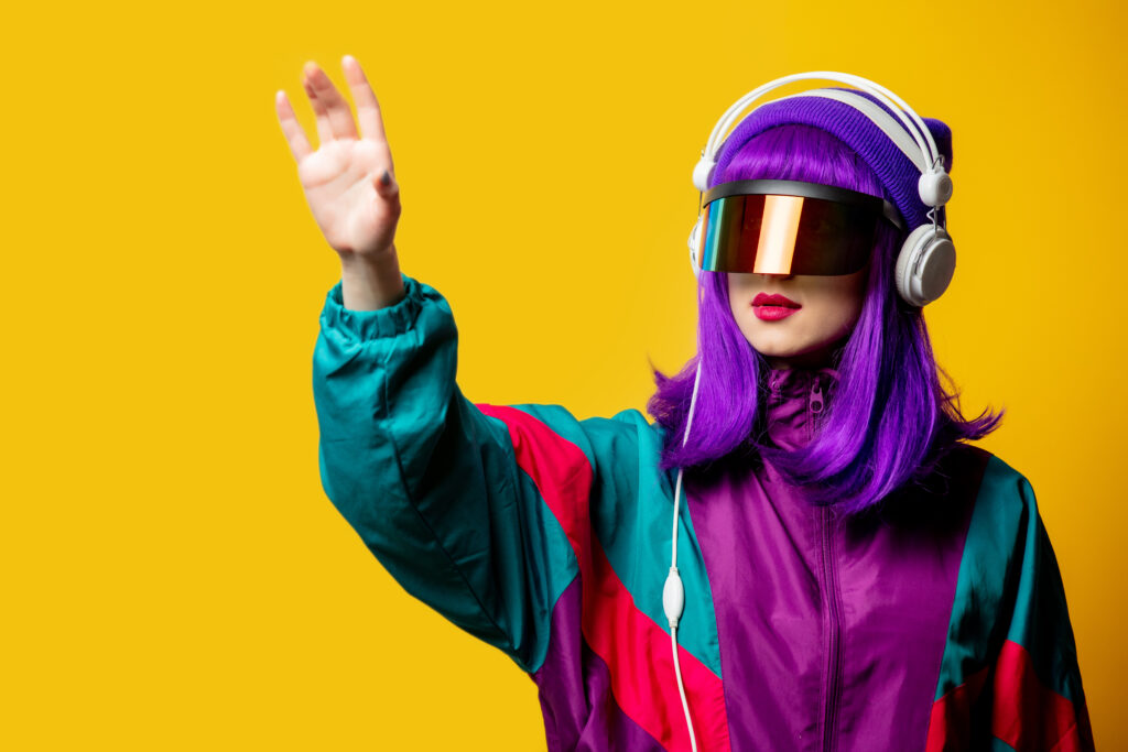 style woman in vr glasses and 80s tracksuit with headphones