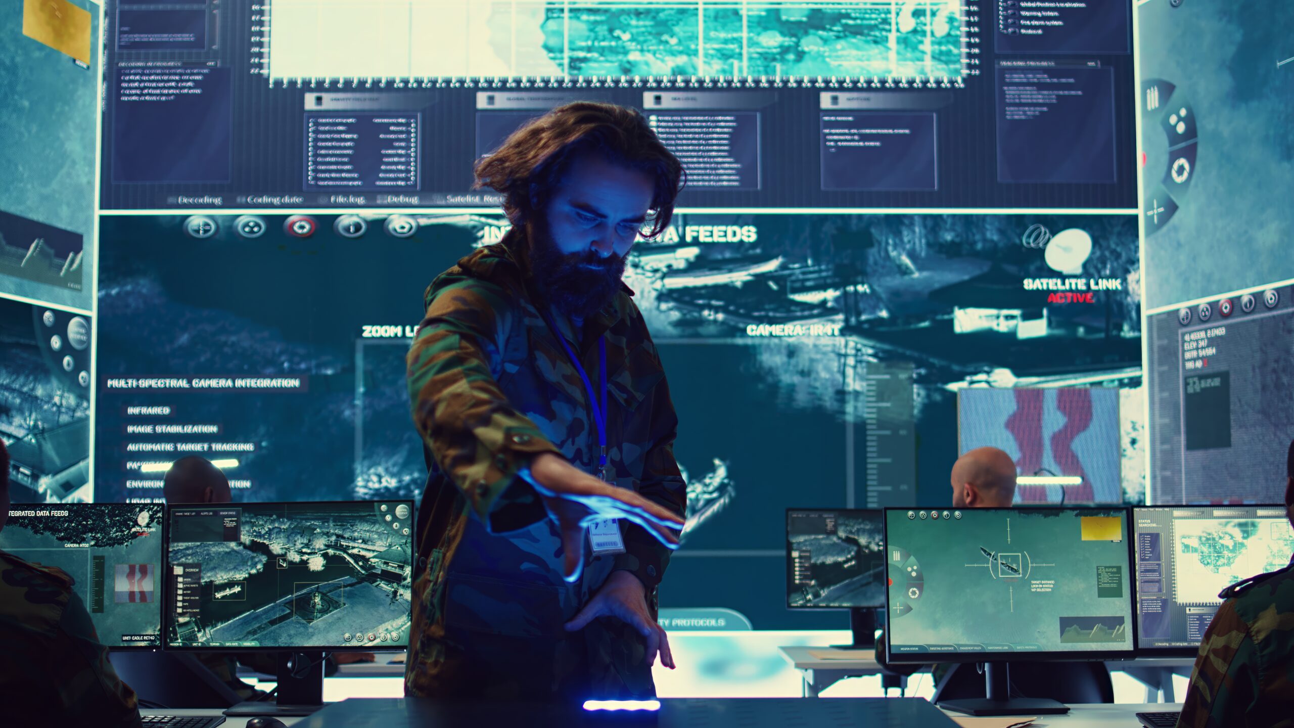 infantry unit leader studies satellite imagery on a holographic image