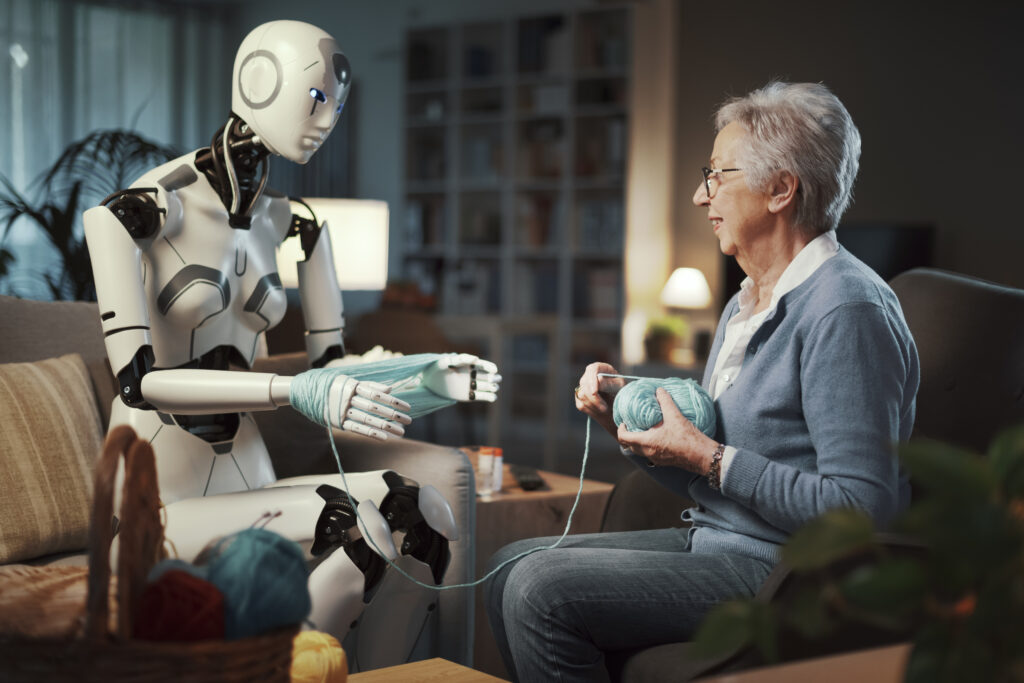 Robot android assisting an elderly woman
